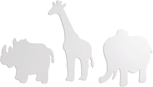 White cut-out shapes of a rhinoceros, giraffe, and elephant on a white background