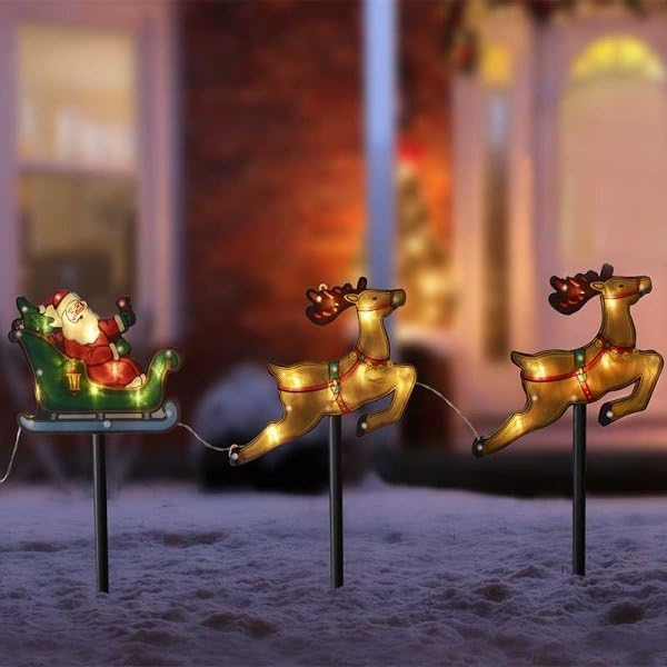 Santa Sleigh Stakes Lights with Reindeers