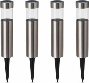 Four solar garden lights with brushed stainless steel bodies, clear glass upper sections, and black ground stakes, shown on a plain white background.