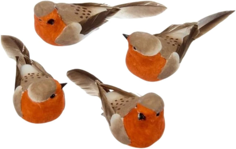 Decorative robin birds on a Christmas tree with lights and ornaments.