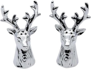 Silver deer head salt and pepper shakers on a white background