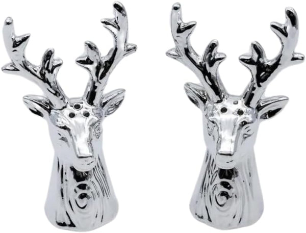 Silver deer head salt and pepper shakers on a white background