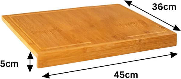 Wooden cutting board with dimensions labeled
