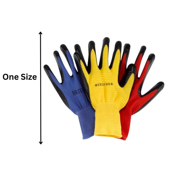A pair of red, blue and yellow gardening gloves, placed on a white background to suggest they are one size fits all.