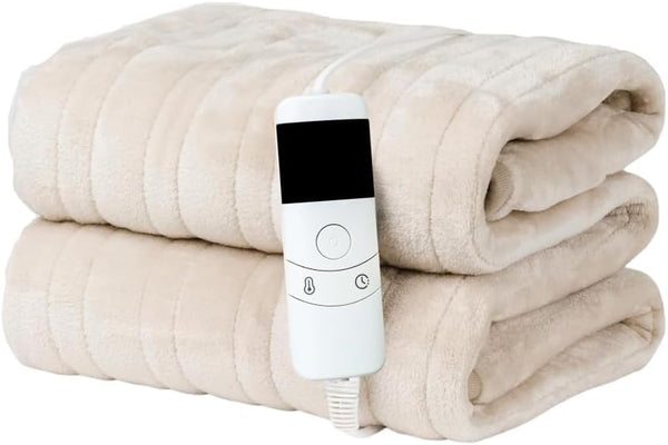 Folded electric blanket with a remote control on a white background