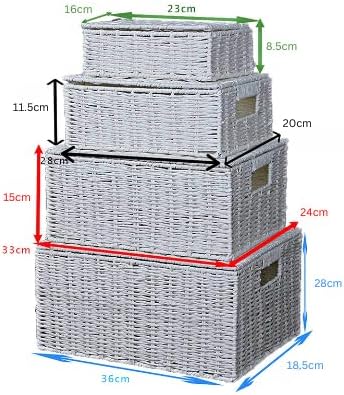 Wicker basket with dimensions labeled on a white background