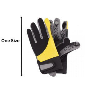 A pair of black, gray, and yellow gardening gloves with rubberized grips placed on white background.