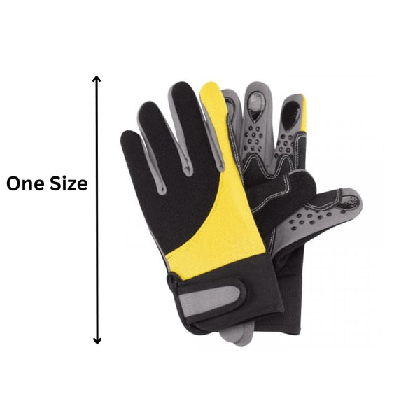 A pair of black, gray, and yellow gardening gloves with rubberized grips placed on white background.