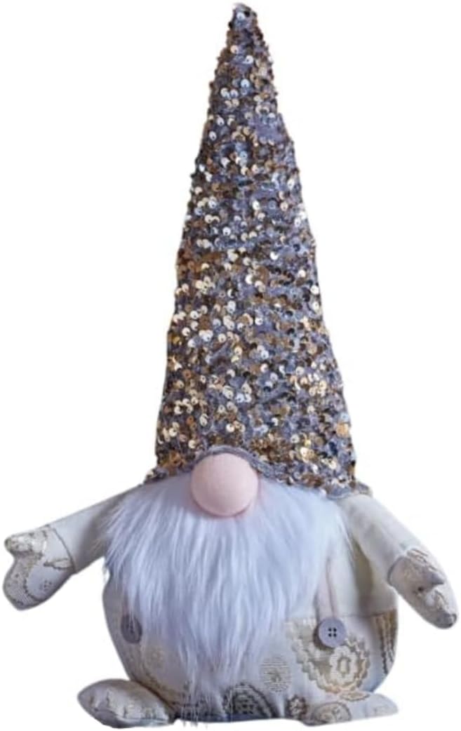 Decorative gnome with a glittery hat in front of a Christmas tree.