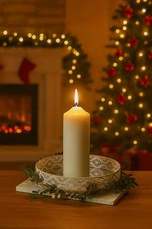 Candle in a decorative holder with Christmas tree and fireplace in the background
