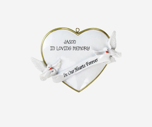 Heart-shaped with two white doves and engraved text on a white background