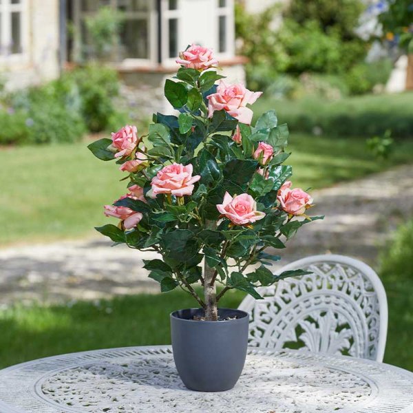 Regent's Rose Potted Plant Home Garden Faux Flowers - Pink 60cm
