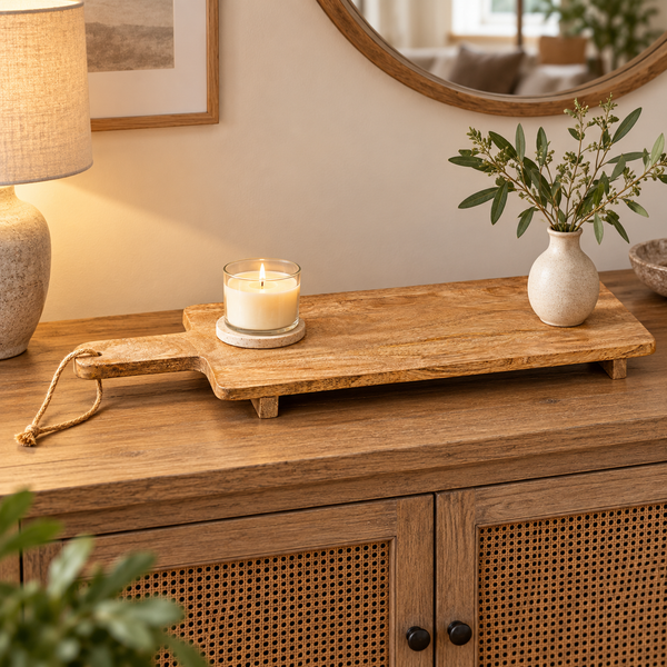 Large mango wood board styled on a wooden console with a lit glass candle and a ceramic vase of greenery.
