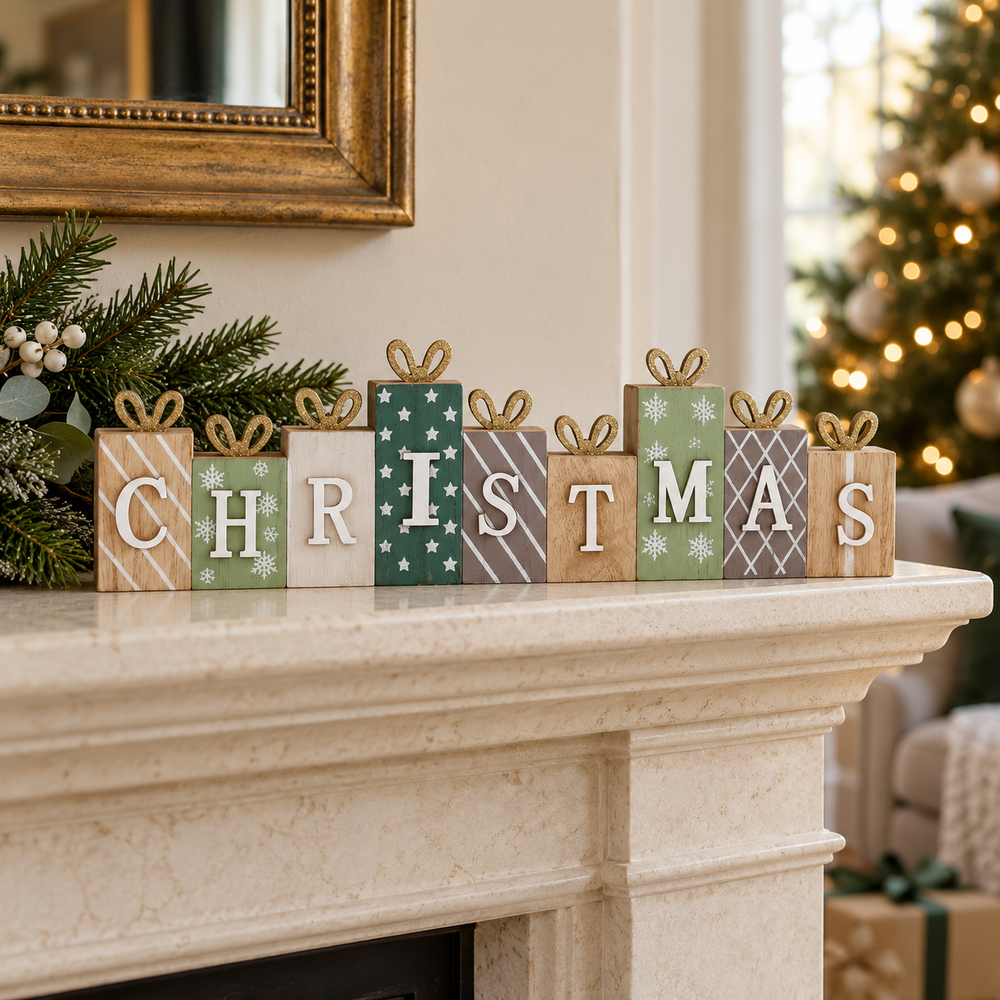A set of seven wooden gift box letter signs spelling CHRISTMAS, decorated with various holiday patterns like stripes, snowflakes, and leaves, arranged on a cream marble mantelpiece in a decorated living room.