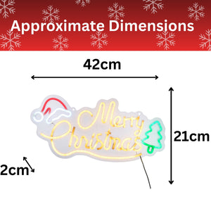 Approximate dimensions diagram of a 'Merry Christmas' LED neon sign, showing a length of 42cm, height of 21cm, and width of 2cm, with a red header featuring snowflake patterns.