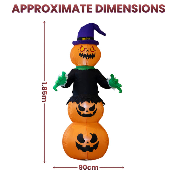 Inflatable Halloween pumpkin-and-clothes figure with dimension arrows and text reading 'APPROXIMATE DIMENSIONS', showing 1.85m height and 90cm width on a white background.