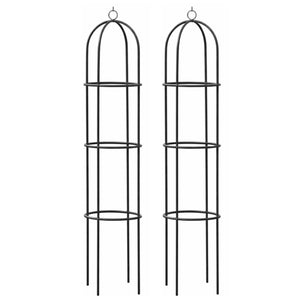 Two black metal arched trellis plant supports with three tiers and hanging loops, shown on a plain white background.