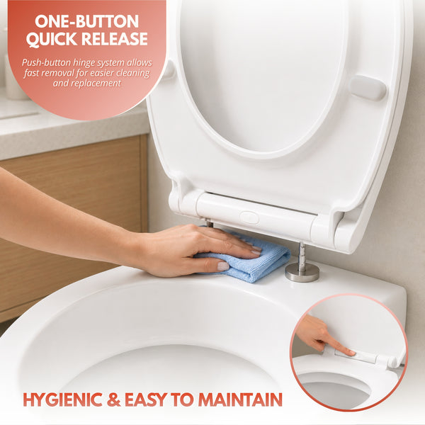 Person cleaning a white toilet seat with text highlighting one-button quick release feature.