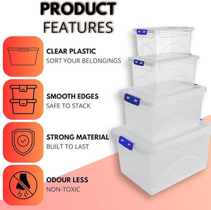 Stack of clear plastic storage boxes with features listed on a white background