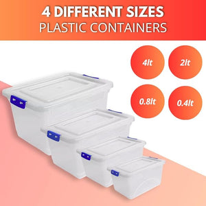 Set of four plastic storage containers with lids on a pink background, labeled with their capacities.