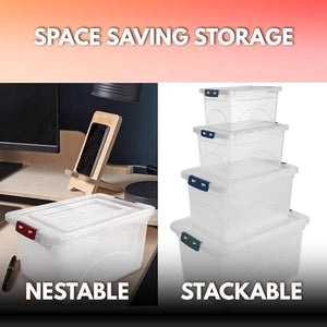 Stackable storage containers with text 'Space Saving Storage', 'Nestable', and 'Stackable' on a gradient background.