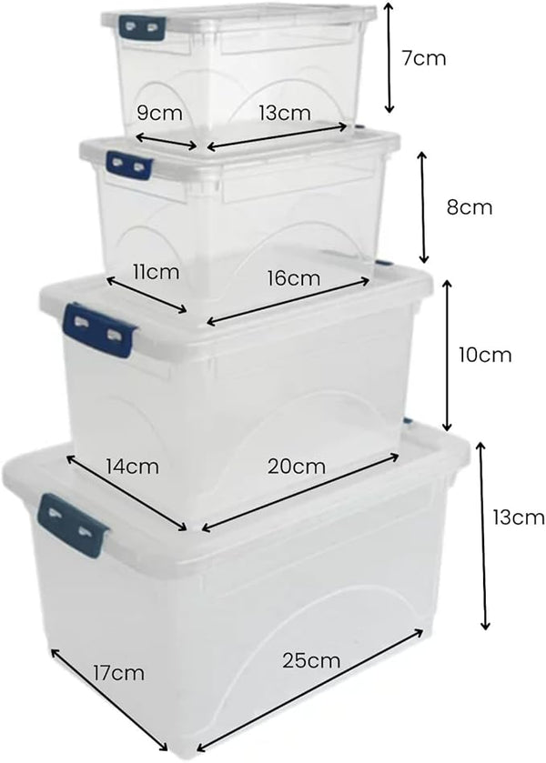 Set of clear storage boxes with blue handles and dimensions labeled on a white background