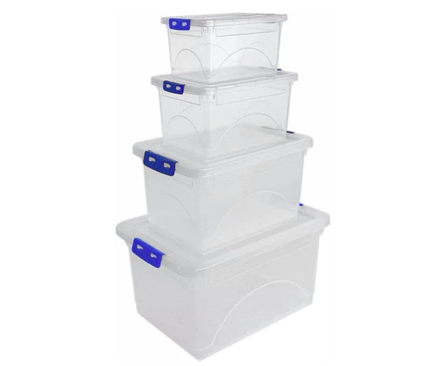Set of clear storage boxes with blue lids on a white background