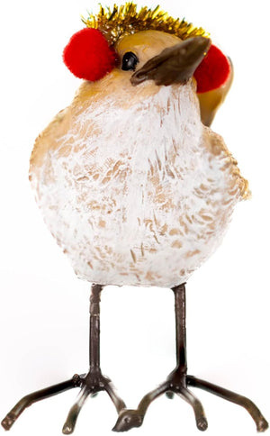 Decorative bird figurine with red pom-poms and a gold top on a white background