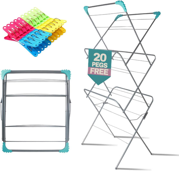 Clothes dryer rack with colorful pegs and a stand on a white background
