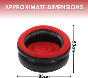 Black and red inflatable chair with dimensions labeled on a white background