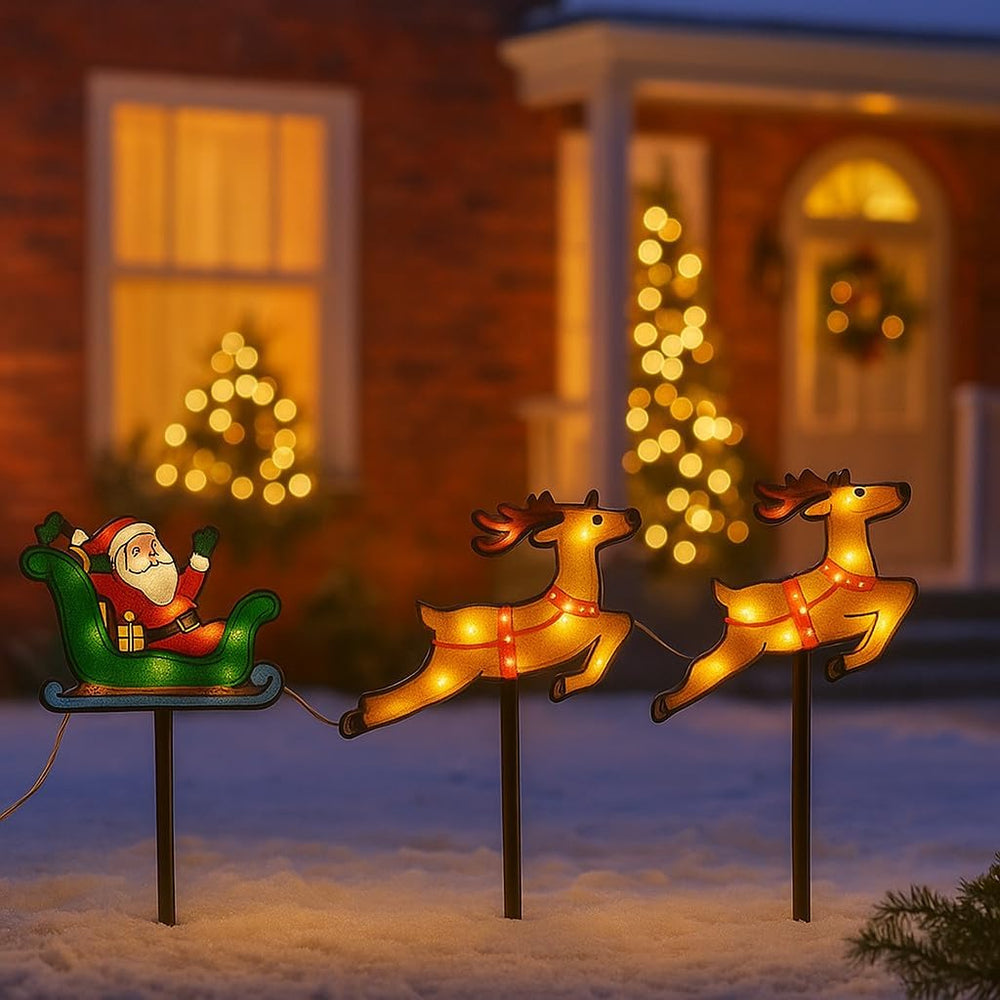 Santa Sleigh Stakes Lights with Reindeers