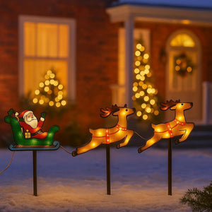 Santa Sleigh Stakes Lights with Reindeers