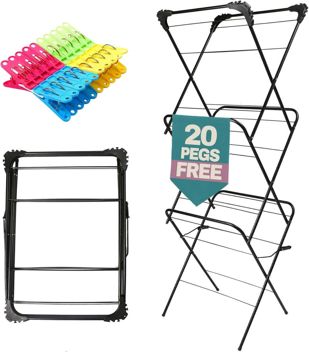 Drying rack with clothespins and a sign offering 20 pegs free on a white background