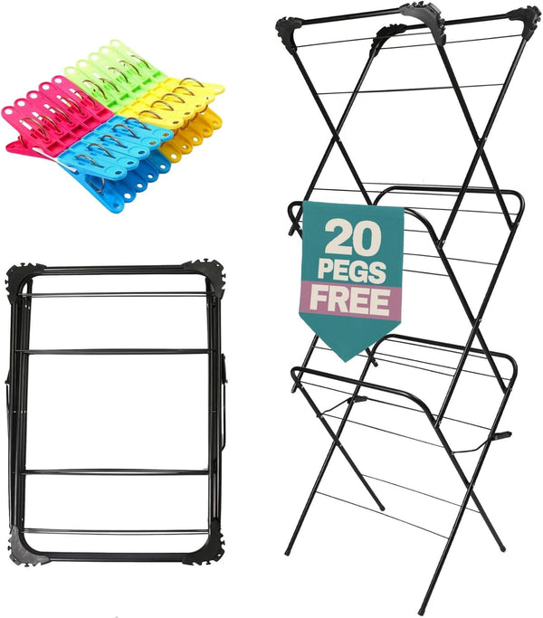 Drying rack with clothespins and a sign offering 20 pegs free on a white background