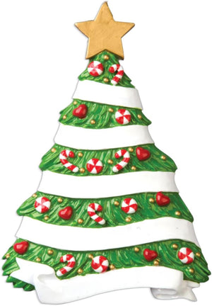 Decorative Christmas tree ornament with candy cane patterns, red hearts, and a gold star on a white background.