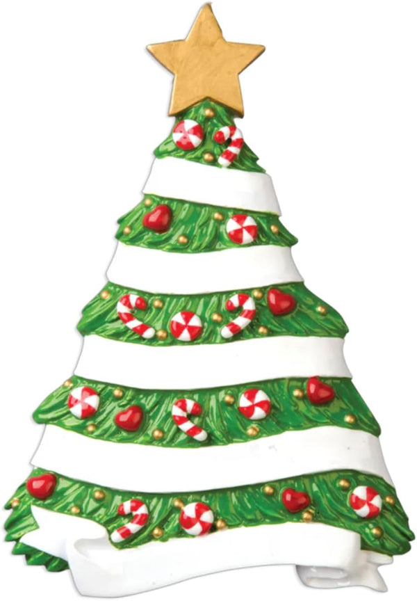 Decorative Christmas tree ornament with candy cane patterns, red hearts, and a gold star on a white background.