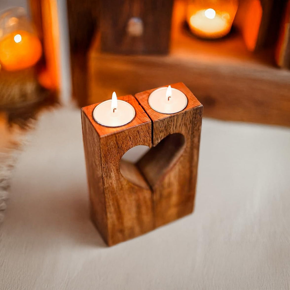Wooden Tealight Candle Holder Mango Wood Heart Centrepiece