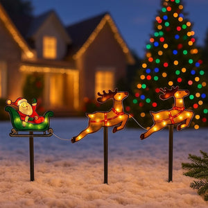 Santa Sleigh Stakes Lights with Reindeers