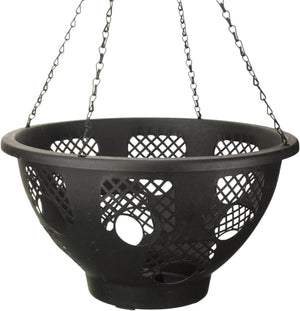 Black hanging basket with chain on a white background