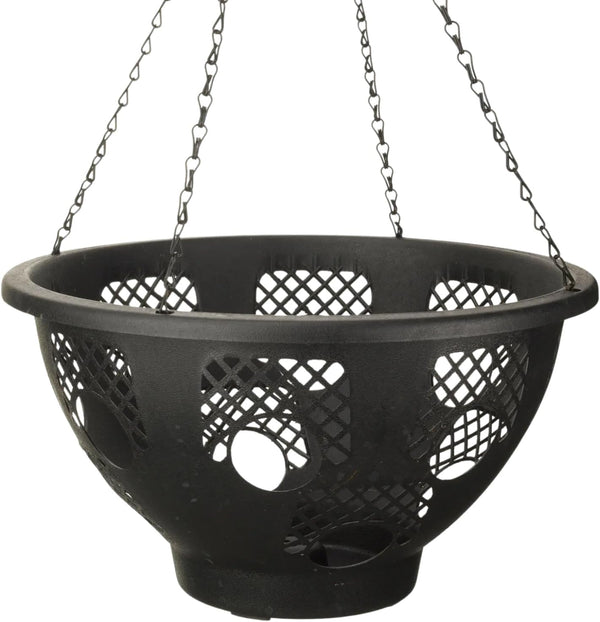 Black hanging basket with chain on a white background