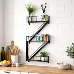 Black metal Z-shaped wall shelf in a kitchen setting with various items on it.