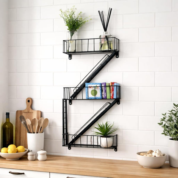 Black metal Z-shaped wall shelf in a kitchen setting with various items on it.