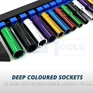 12pc 1/4"Drive Deep Sockets Coloured 12 Pcs 4mm - 13mm On a Rail Tool Set