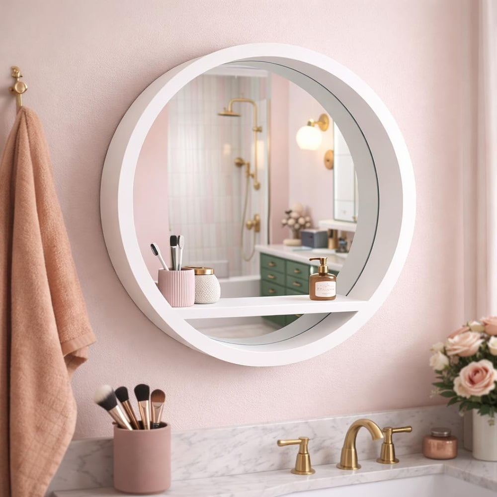 Bathroom vanity with round mirror, towels, and decorative items on a pink wall.
