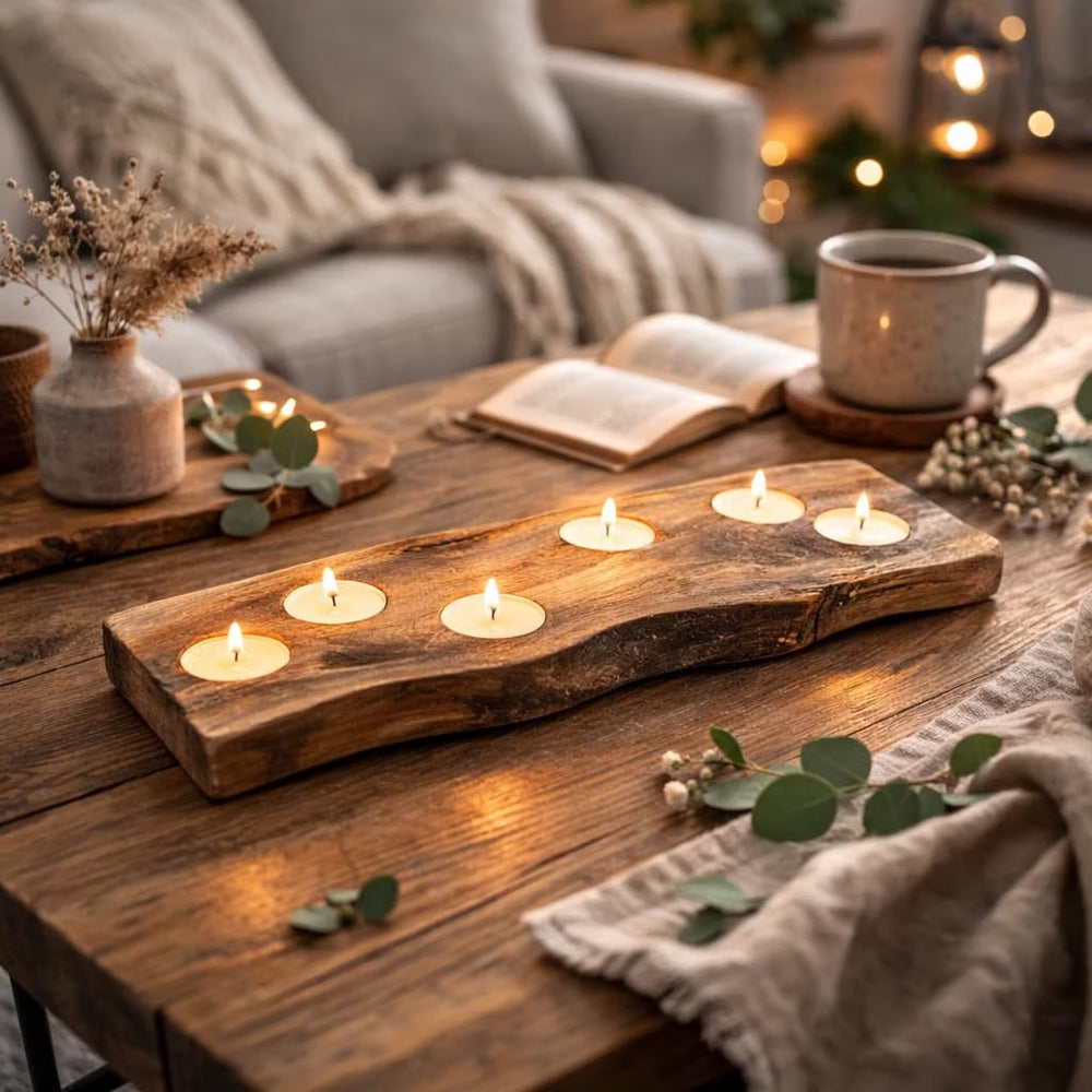 A rustic live-edge wooden candle holder with five slots, lit with five small tealight candles, styled on a wooden coffee table in a cozy living room setting.