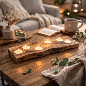 A rustic live-edge wooden candle holder with five slots, lit with five small tealight candles, styled on a wooden coffee table in a cozy living room setting.