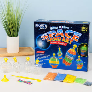 Kicatty Kids Space Sand Art kit with packaging, sand, and tools on a white surface.