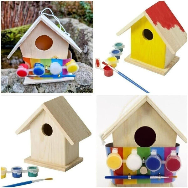Collage of wooden birdhouses with paint supplies on a white background