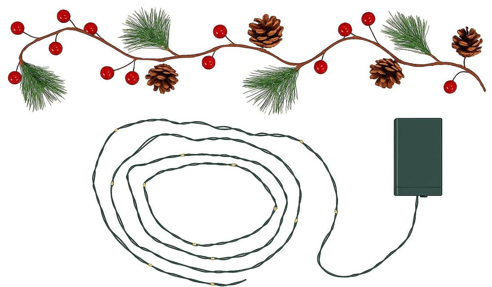 Decorative garland with pine cones and lights on a fireplace mantel.