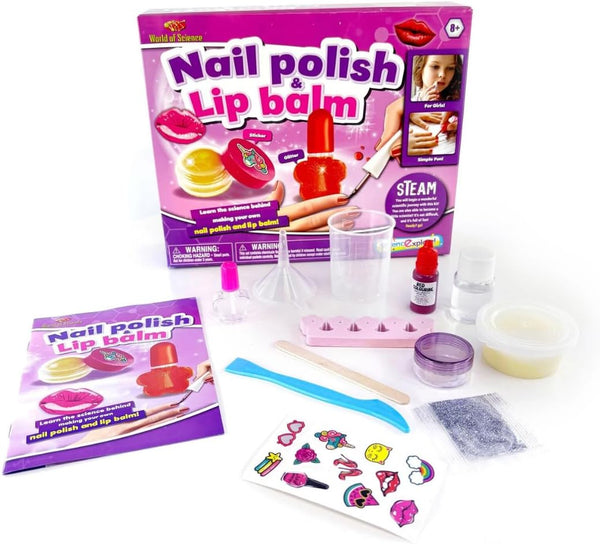 Nail polish and lip balm kit with materials and packaging on a white background